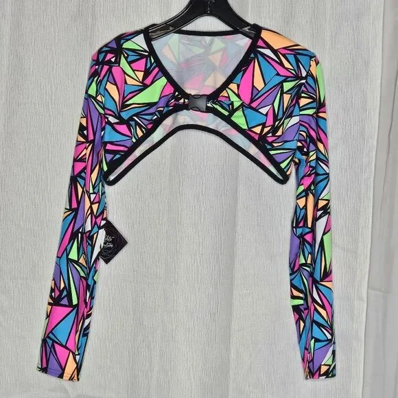 Rolita Couture Bold Colorful Neon Stained Glass Print Festival Buckle Crop Top - Picture 3 of 14